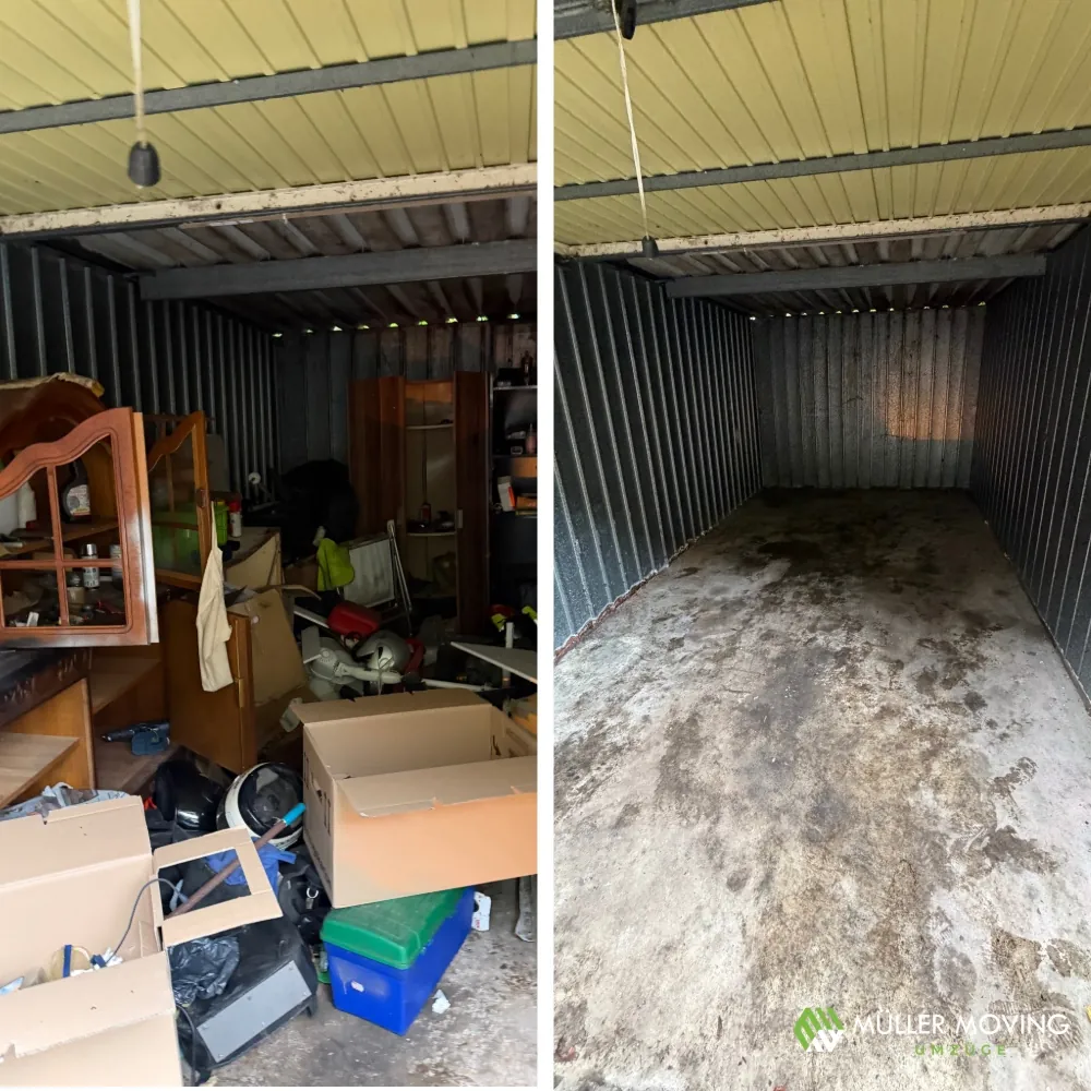 Vollgestellte Garage links und geräumte Garage nach der Entrümpelung rechts