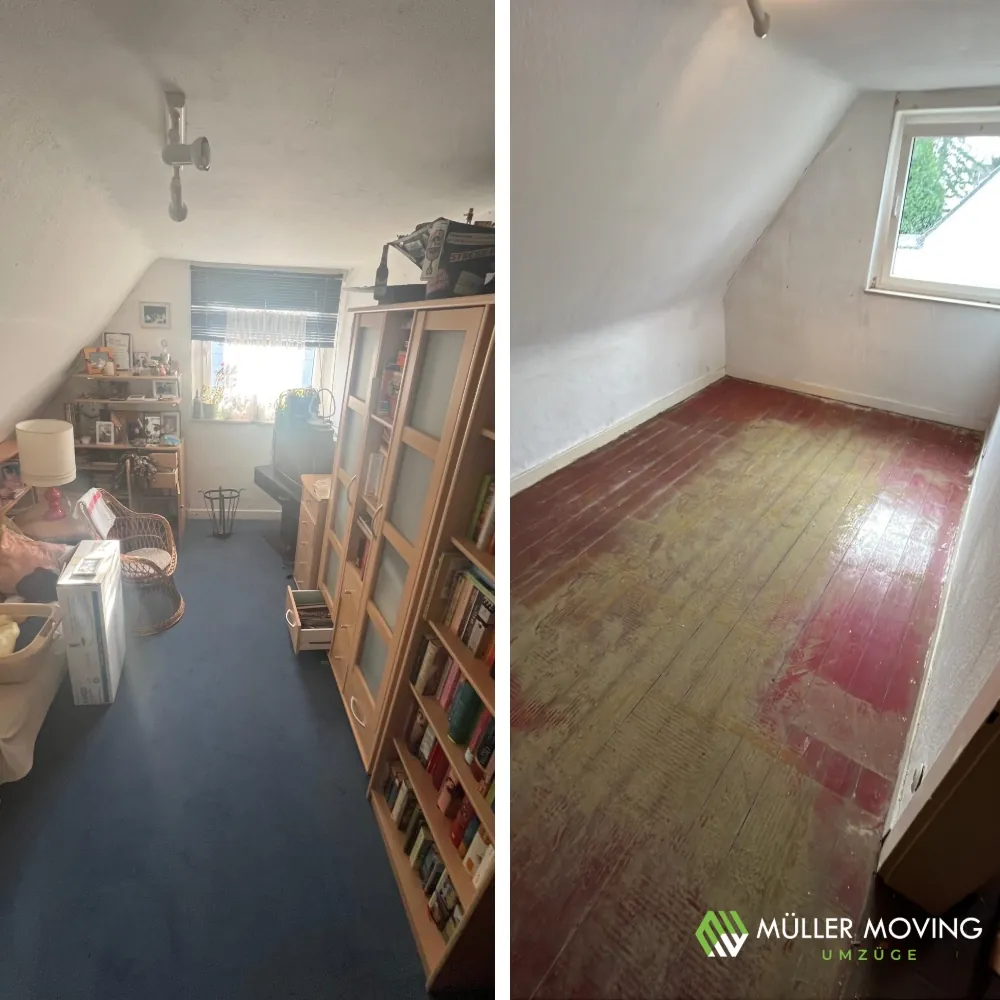 Zimmer mit Möbeln vor der Entrümpelung links und leerer Raum danach rechts